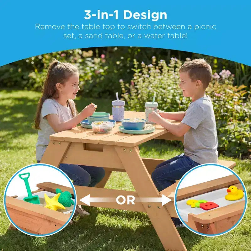 Tavolo da picnic 3 in 1 per bambini per attività con sabbia e acqua con ombrellone