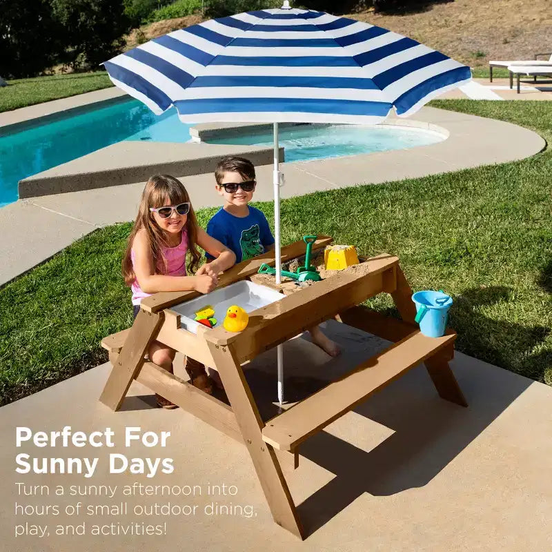 Tavolo da picnic 3 in 1 per bambini per attività con sabbia e acqua con ombrellone