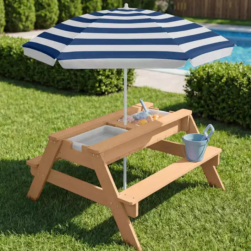Tavolo da picnic 3 in 1 per bambini per attività con sabbia e acqua con ombrellone