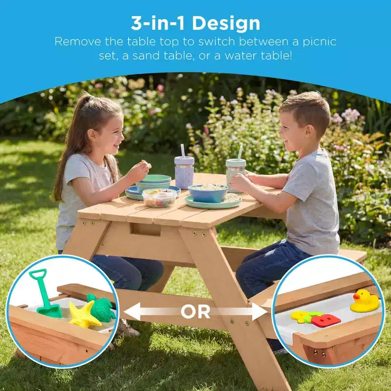 Tavolo da picnic 3 in 1 per bambini per attività con sabbia e acqua con ombrellone