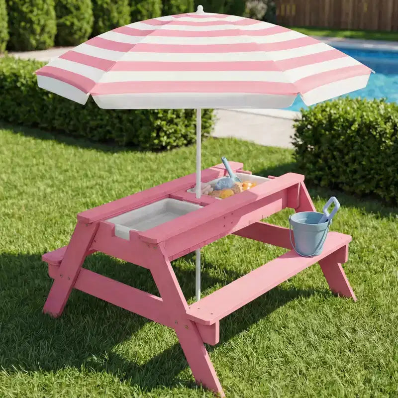 Tavolo da picnic 3 in 1 per bambini per attività con sabbia e acqua con ombrellone
