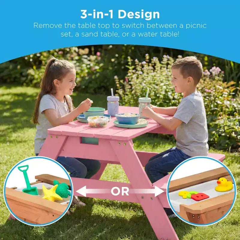 Tavolo da picnic 3 in 1 per bambini per attività con sabbia e acqua con ombrellone