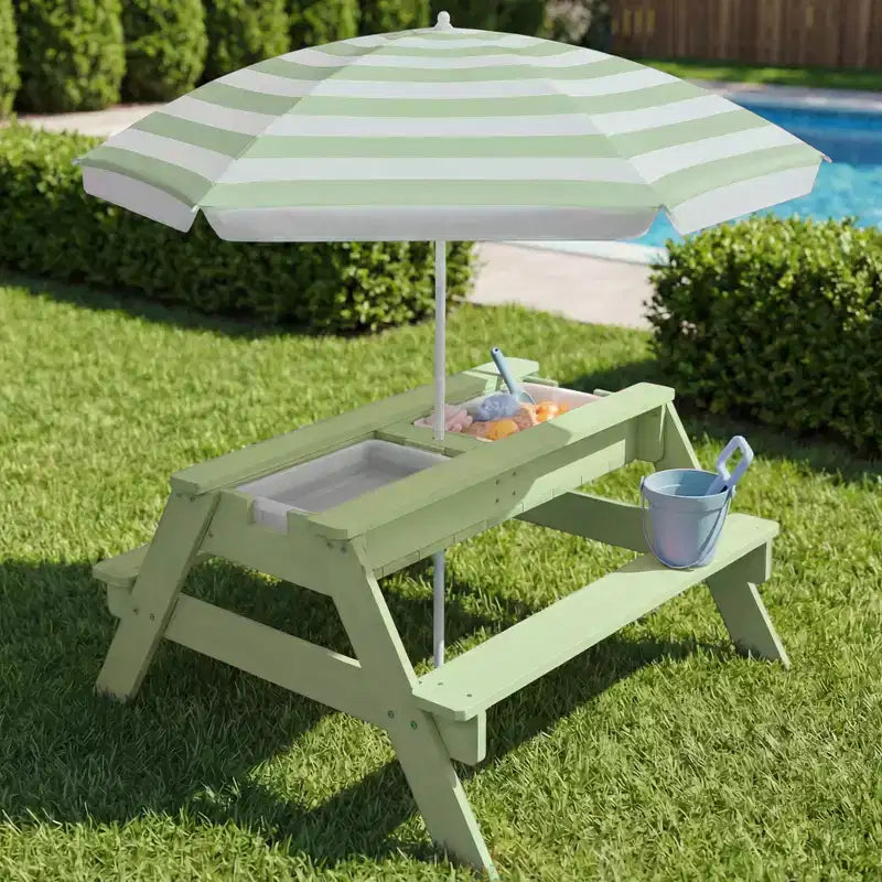Tavolo da picnic 3 in 1 per bambini per attività con sabbia e acqua con ombrellone
