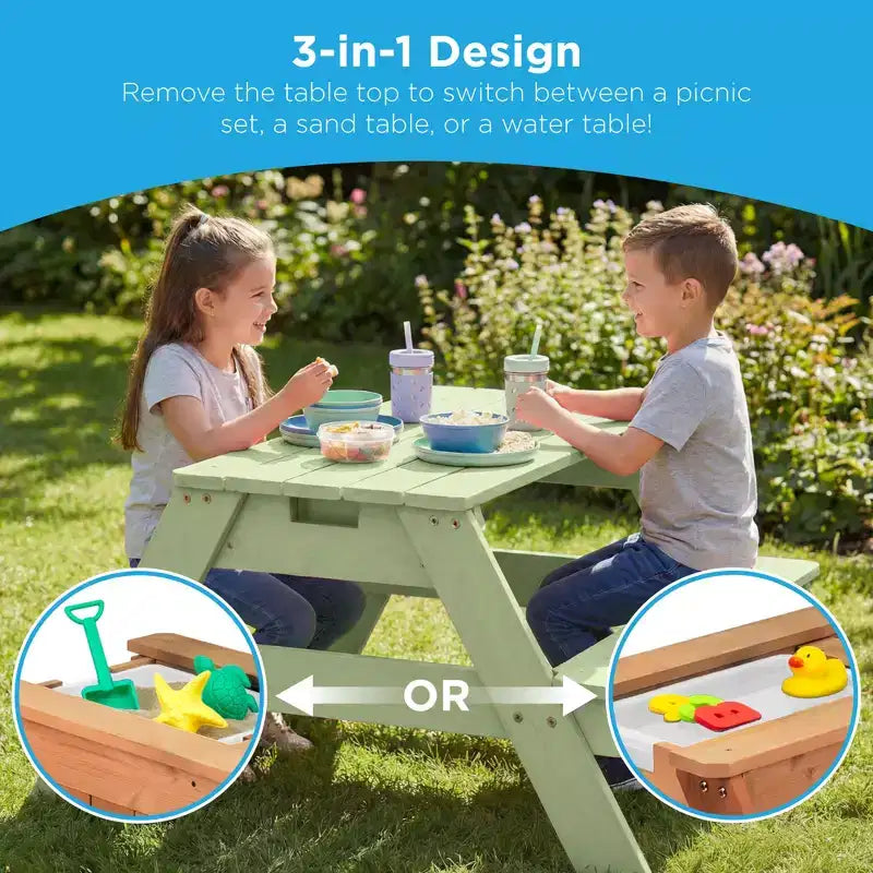 Tavolo da picnic 3 in 1 per bambini per attività con sabbia e acqua con ombrellone