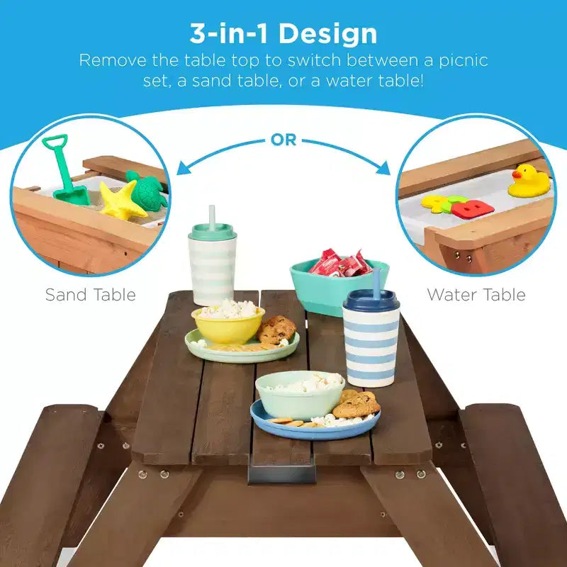 Tavolo da picnic 3 in 1 per bambini per attività con sabbia e acqua con ombrellone
