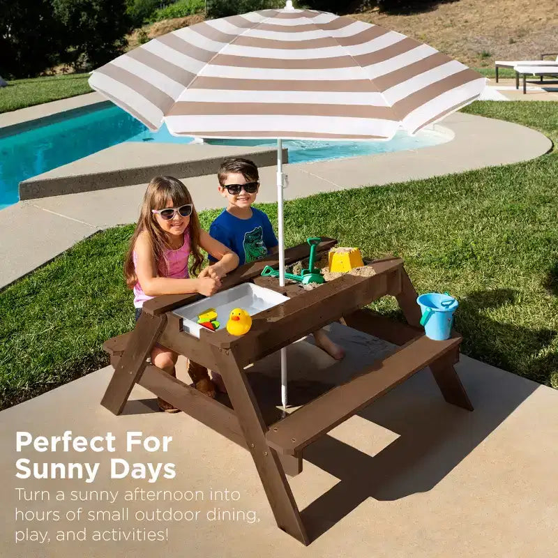 Tavolo da picnic 3 in 1 per bambini per attività con sabbia e acqua con ombrellone