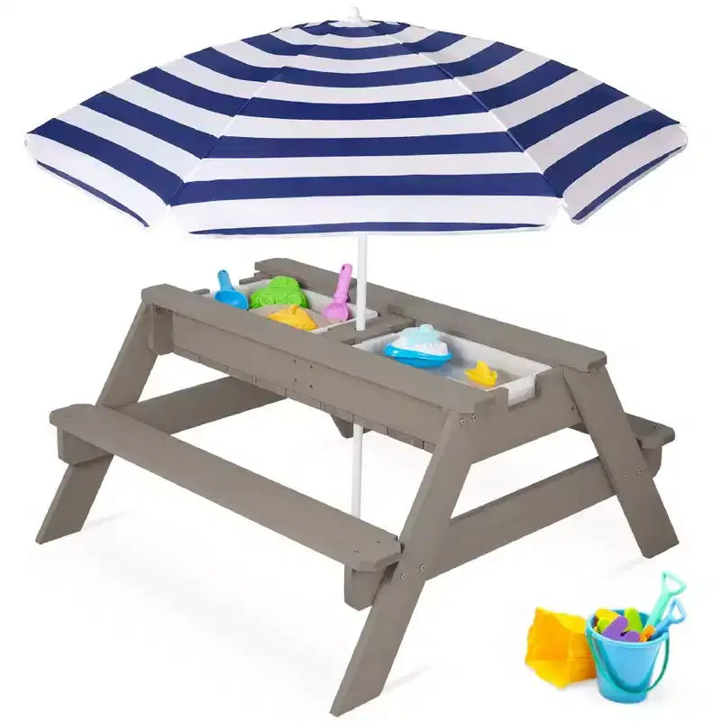 Tavolo da picnic 3 in 1 per bambini per attività con sabbia e acqua con ombrellone