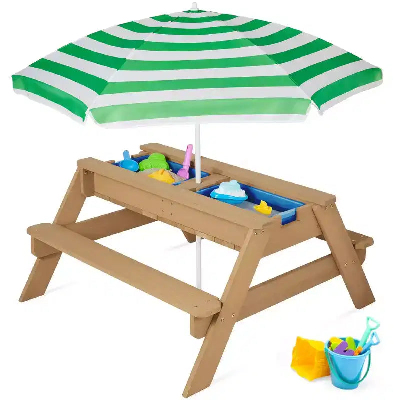 Tavolo da picnic 3 in 1 per bambini per attività con sabbia e acqua con ombrellone