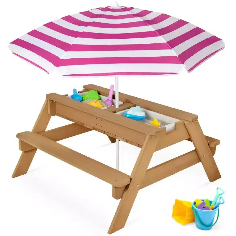 Tavolo da picnic 3 in 1 per bambini per attività con sabbia e acqua con ombrellone