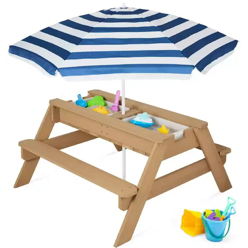Tavolo da picnic 3 in 1 per bambini per attività con sabbia e acqua con ombrellone