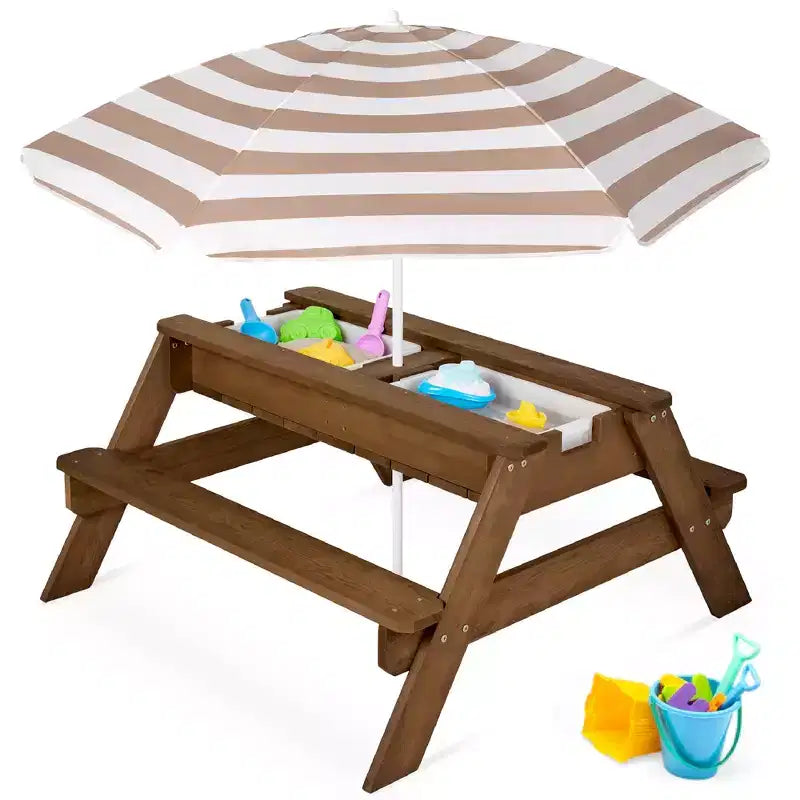 Tavolo da picnic 3 in 1 per bambini per attività con sabbia e acqua con ombrellone
