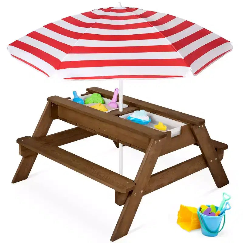 Tavolo da picnic 3 in 1 per bambini per attività con sabbia e acqua con ombrellone